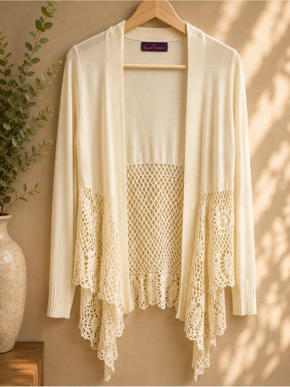 Sweet Sinammon Ivory Cream Crochet Lace Cardigan Boho Open Front